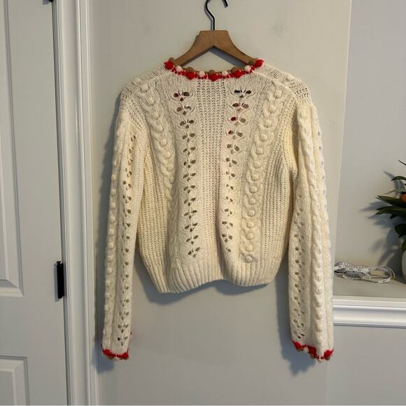 Maje White Red Brown Eyelet Alpaca Wool Cardigan Sweater 2 Medium - Picture 7 of 15